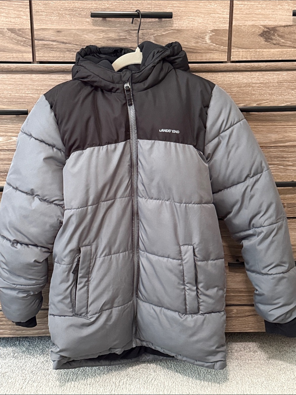 Kids Lands' End Fleece Lined Hooded Parka Jacket Size Large 14/16 Grey/Black